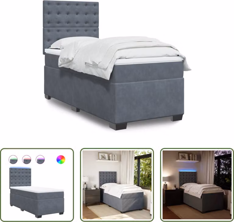 The Living Store Letto a molle con materasso grigio scuro 100x200 cm in velluto