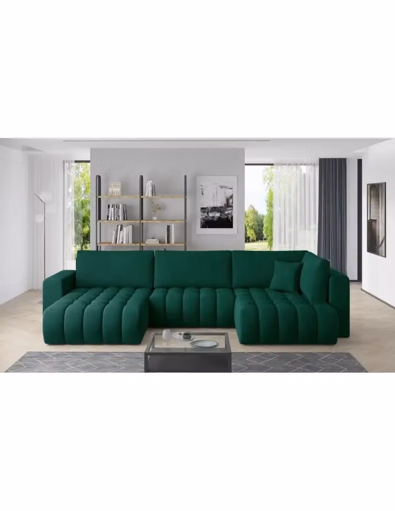 Divano angolare convertibile BONITA MEUBLORAMA verde scuro in tessuto con funzione letto e cuscini inclusi, lato sinistro, L: 350 cm, P: 175 cm – 2