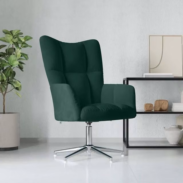 Poltrona Relax girevole 360 gradi in velluto verde scuro con struttura in metallo e braccioli – 1