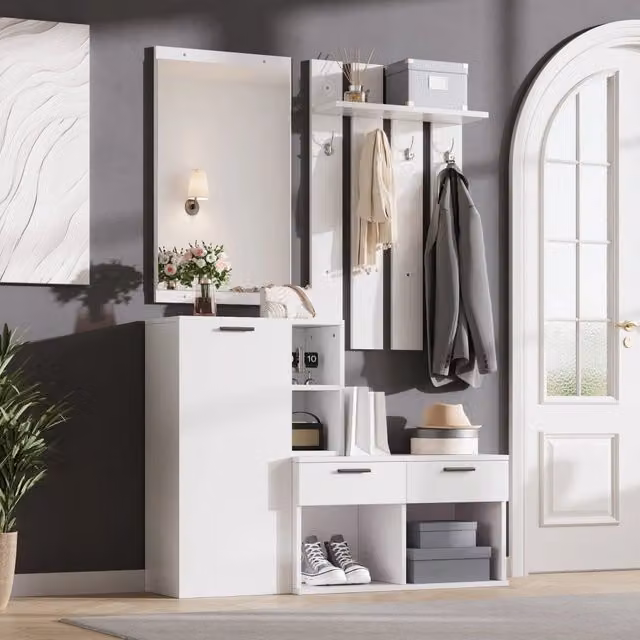 Mobile ingresso con specchio; scarpiera con appendiabiti; bianco; 120x35x175.5cm