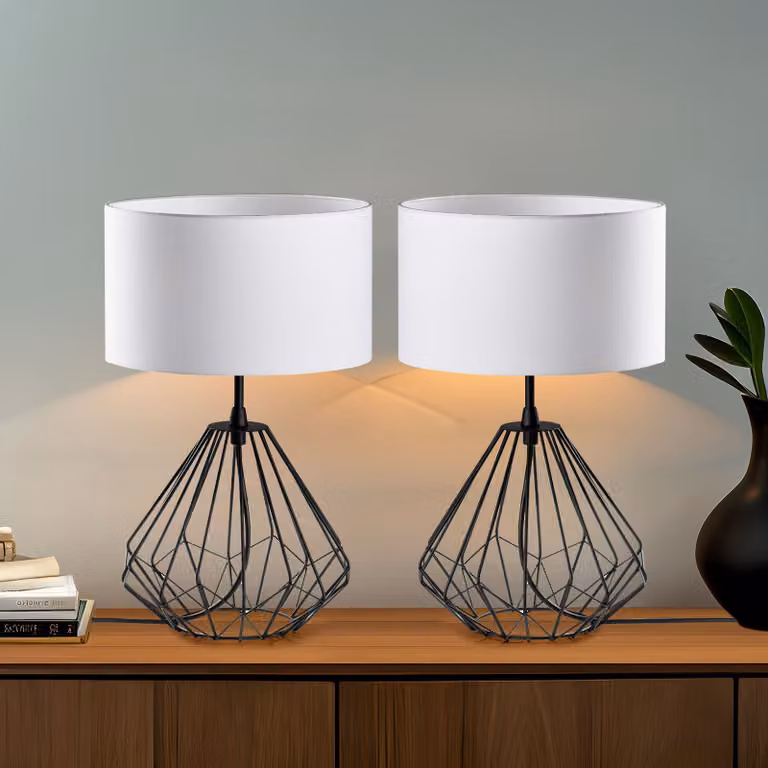 Opviq, set di lampade da tavolo di alta qualità (2 pezzi), nero, 25 x 25 x 43 cm | Struttura in metallo, paralume in tessuto, cavo da 200 cm, attacco E27, IP20 | Perfette per interni moderni in stile industriale.