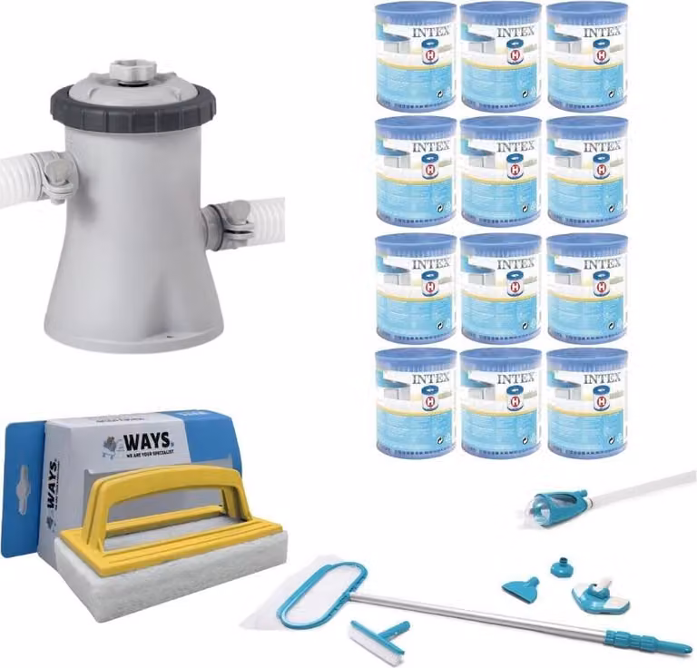 WAYS - Cura della piscina - Set di manutenzione Deluxe & pompa filtro 1250 L/u & 12 filtri tipo H & spazzola WAYS