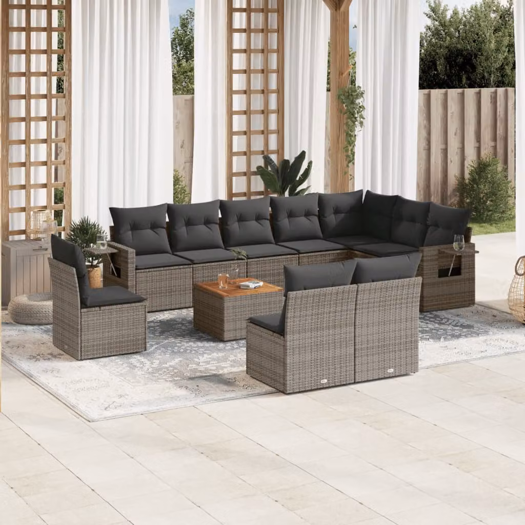 vidaXL Set Divani da Giardino 11 pz in Polyrattan Grigio con Cuscini e Tavolino da Esterno – 1