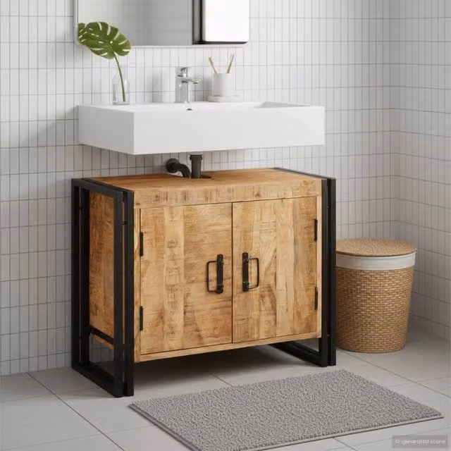 Mobile sottolavabo con porta-Armadietto da bagno Legno massello di mango e ferro