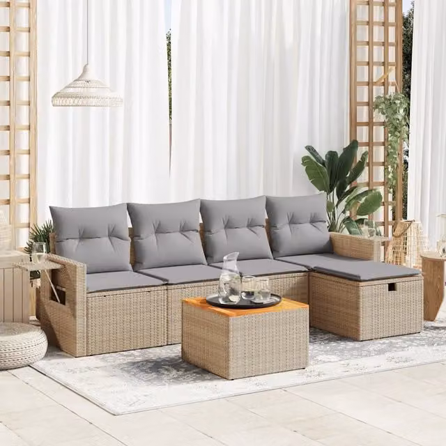 Set Divano da Giardino a L vidaXL in Polyrattan con Cuscini Beige e Tavolino da 6 Pezzi