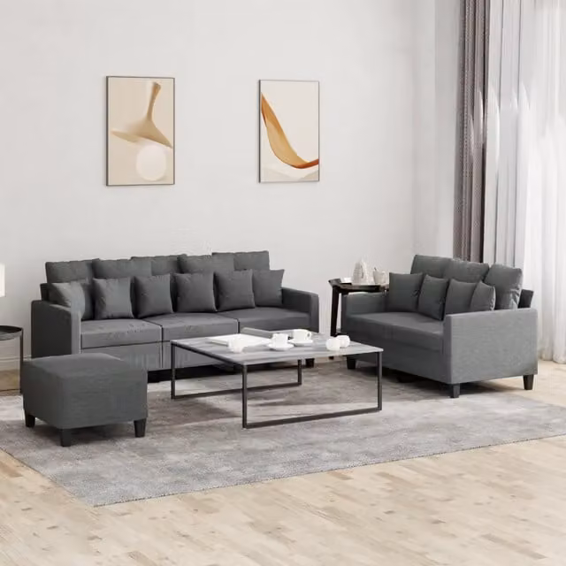 Set di divani moderno vidaXL in tessuto grigio composto da divano a 3 posti, divano a 2 posti e pouf con cuscini inclusi