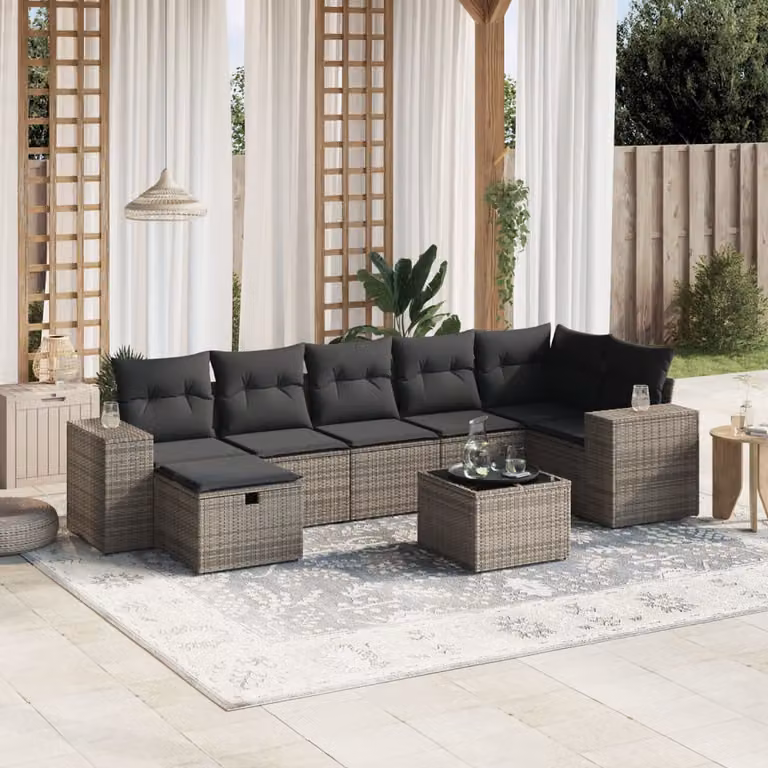 vidaXL Set Divano da Giardino a L 8 pz Grigio con Cuscini e Tavolino in Polyrattan e Acciaio