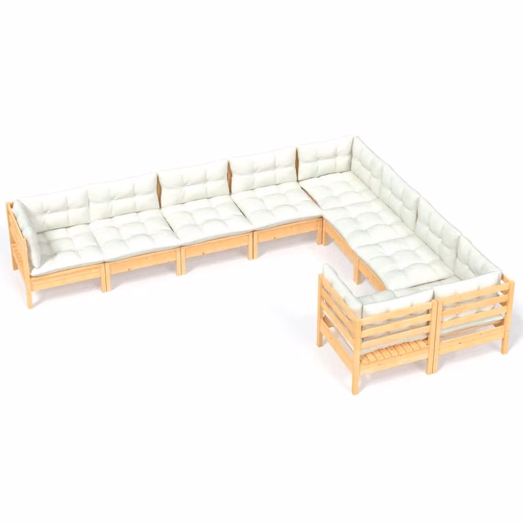 Set Salotto da Giardino 9 pz con Cuscini Crema in Legno di Pino