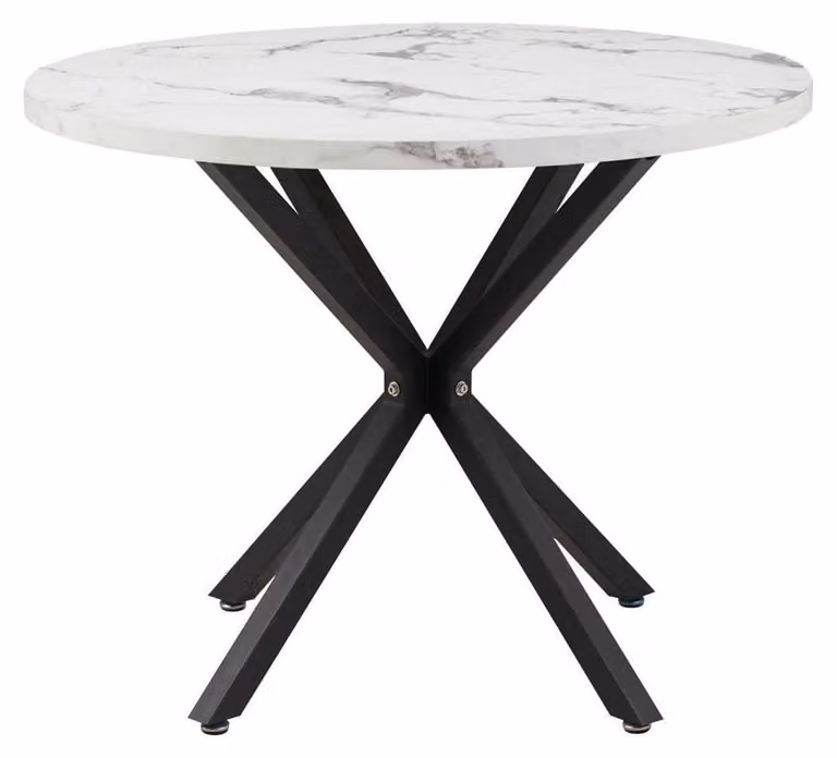 Tavolo da pranzo rotondo, diametro 100 cm, con piano effetto marmo bianco e nero e gambe in metallo, adatto per 4-6 persone