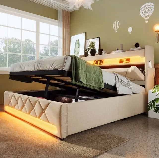 Letto matrimoniale MODFU con contenitore e illuminazione LED, testiera con porte USB e Type-C, rivestimento in tessuto beige, L 140 cm x P 190 cm