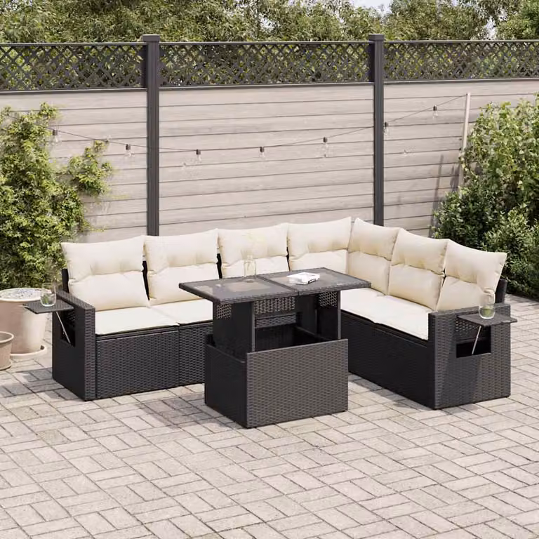 Set Divano da Giardino a L con Cuscini vidaXL, Colore Bianco e Nero, con Tavolino da Esterno e Struttura in Metallo e Polyrattan