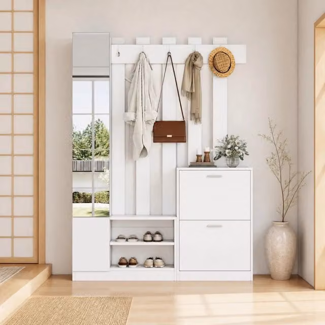 Mobile da ingresso ULEVR 135x25x180 cm con specchio, 2 scarpiere a ribalta e 5 ganci, bianco