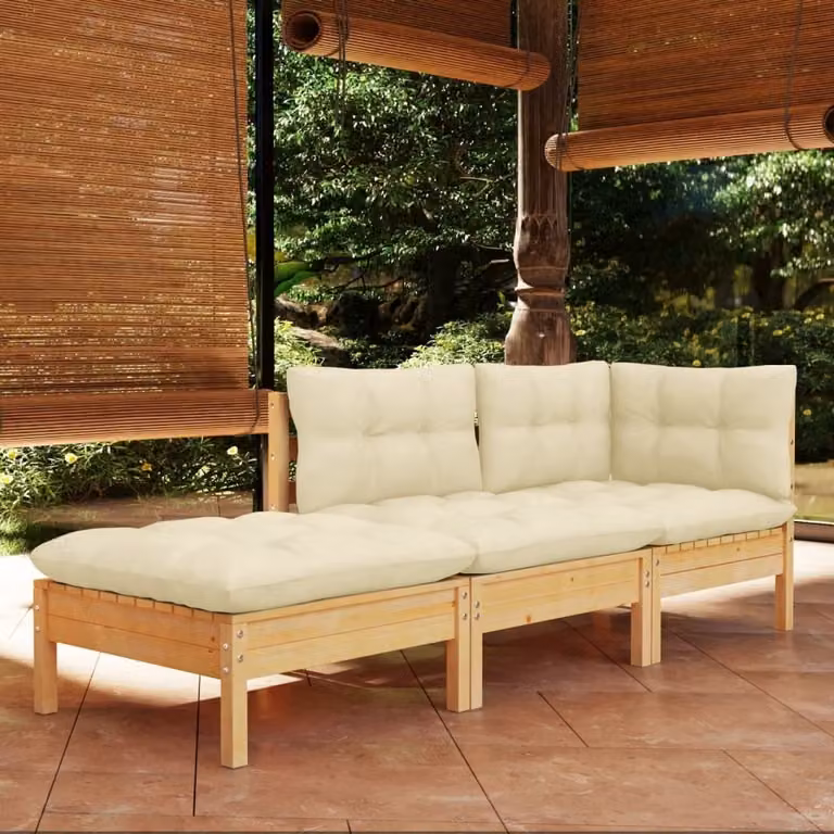 The Living Store Set da salotto da giardino a 3 pezzi con cuscini crema in legno di pino massiccio