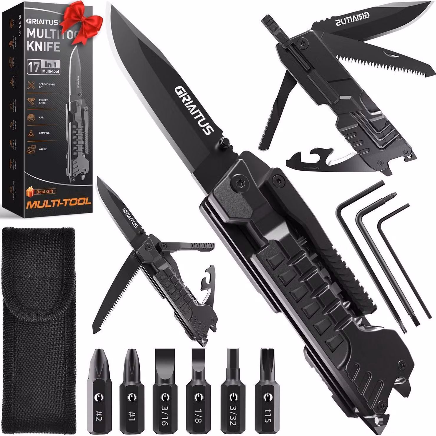 Coltello multiuso 17-in-1, accessorio da campeggio con sega, cacciavite, apriscatole, fischietto, acciaio inossidabile, gadget per la sopravvivenza all'aperto, idea regalo