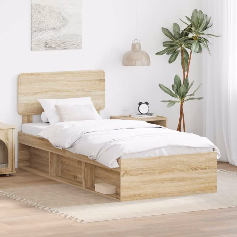 Struttura del letto moderna vidaXL in pino massello e legno, colore Rovere Sonoma, L 100 x P 200 cm