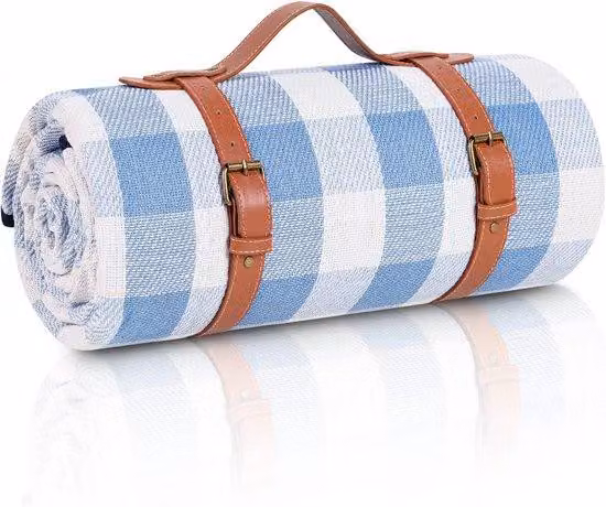 Telo da picnic pieghevole - Grande, impermeabile, 200x200 cm - Telo da picnic a 3 strati, pieghevole, ideale per parchi e spiagge all'aperto - Trasportabile e impermeabile - Motivo a griglia blu e bianco