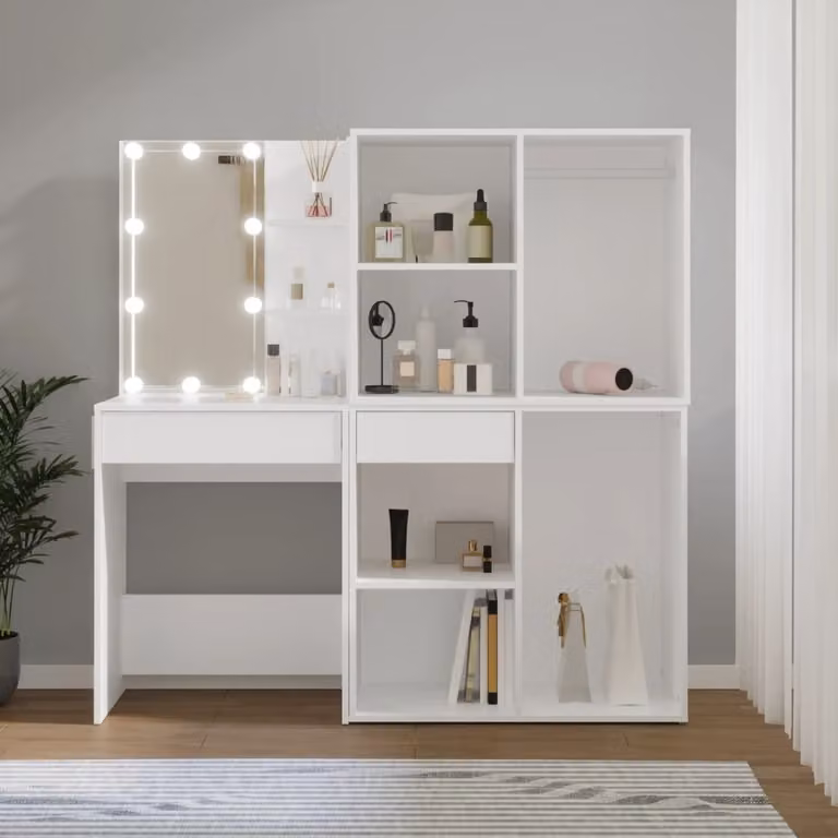 The Living Store Comodino a LED con 2 armadietti in legno bianco