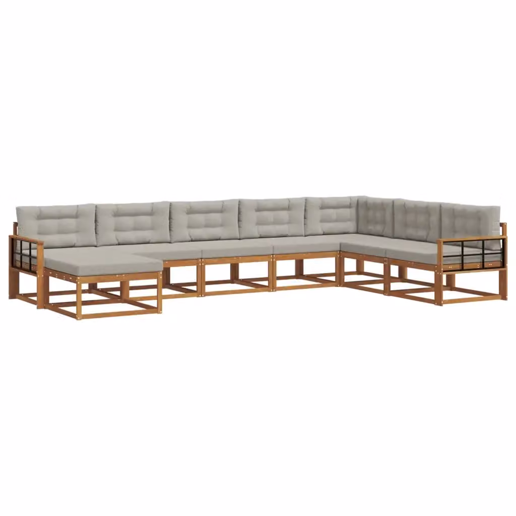 Set di divani da esterno a L vidaXL in legno di acacia con cuscini, 8 pezzi, Grigio e Marrone – 2