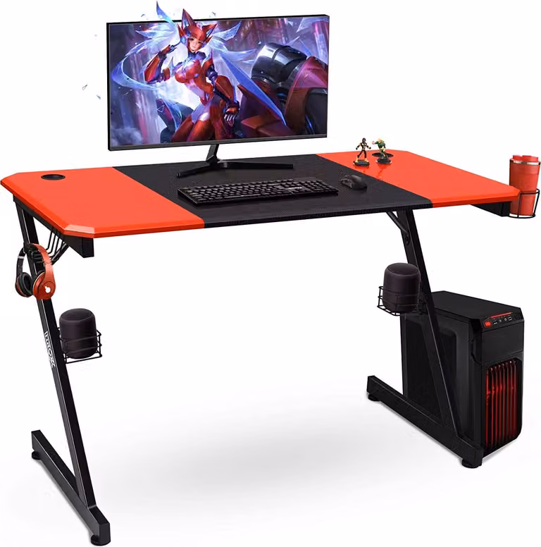 Scrivania per computer a forma di Z 120x60 cm, scrivania da gaming con portabicchieri / gancio per cuffie / 2 supporti per altoparlanti, scrivania per casa e ufficio (nera)