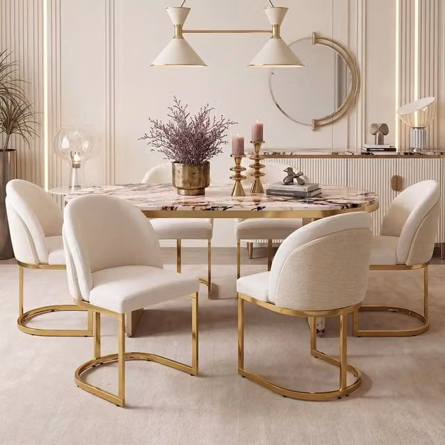Set 6 Sedie da Pranzo ¨C Minimal ¨C Beige, Tessuto Chenille, Gambe Metallo Oro, Stile Moderno, per Sala Soggiorno/Cucina/Ristoranti