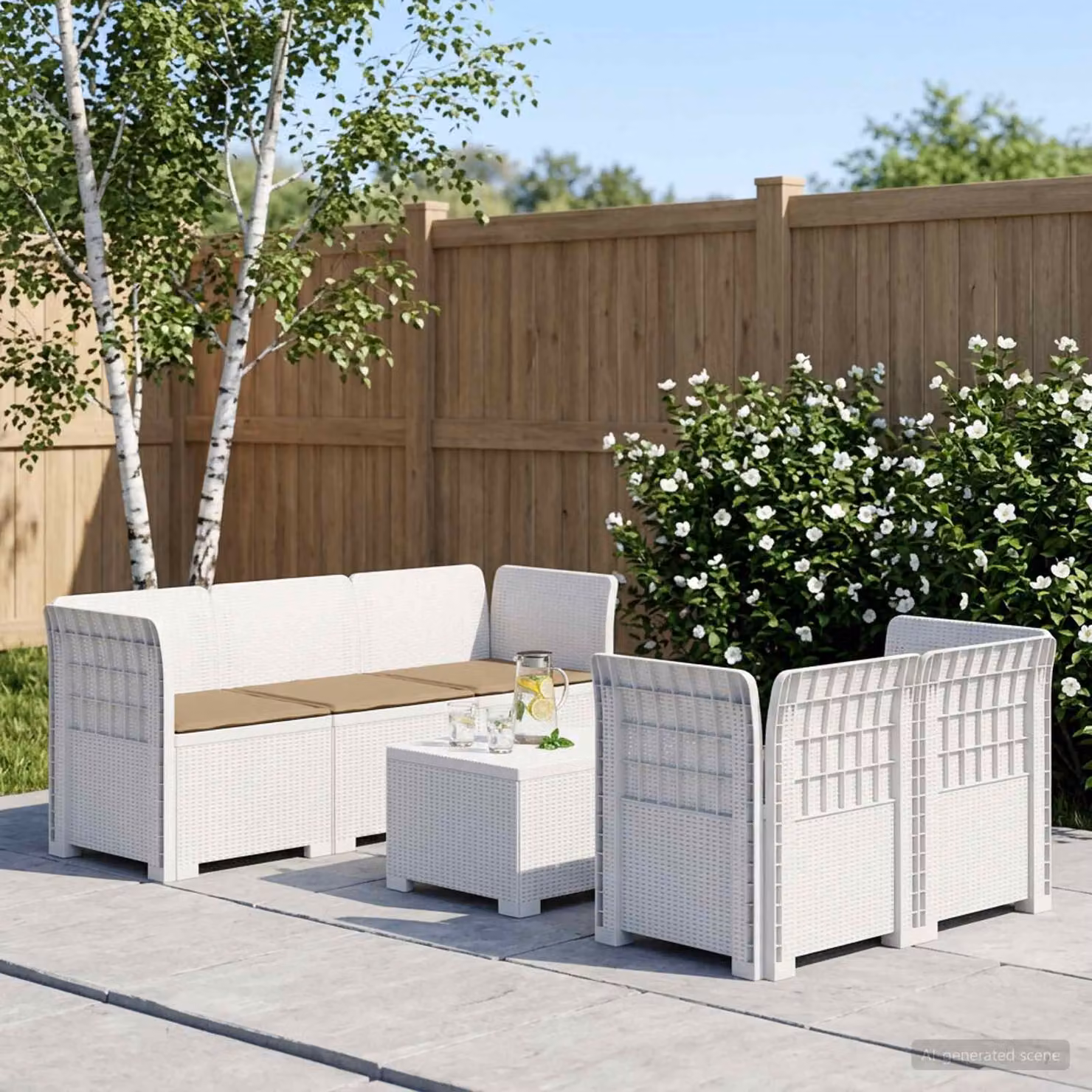 Set da giardino vidaXL a forma di L con divano da 5 posti, elemento angolare, tavolino da caffè e cuscini in stile rattan moderno, colore bianco e beige