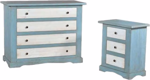 Set da camera da letto Mobili 2G composto da cassettiera e 2 comodini in stile shabby chic laccato azzurro e bianco patinato – 1