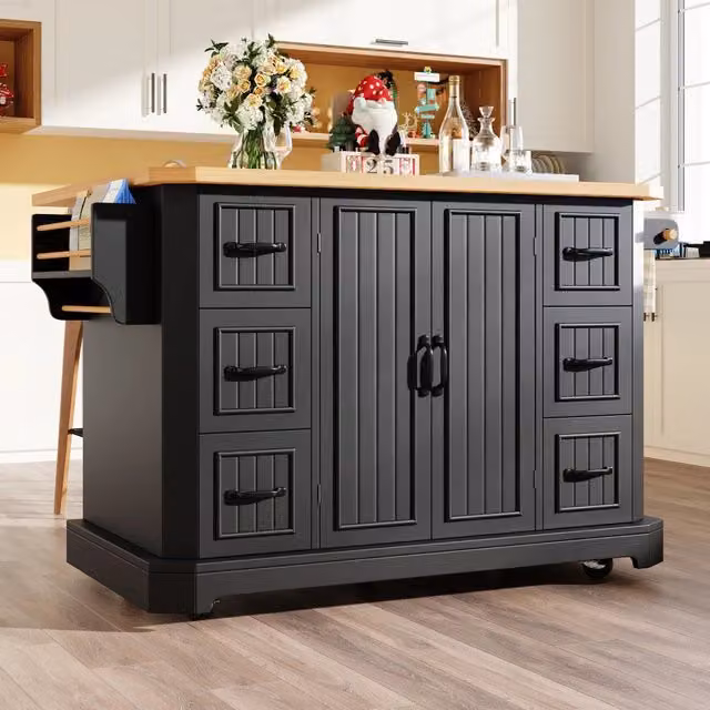 Isola da cucina 120x45x91 cm con 2 ante e 6 cassetti su ruote in MDF e metallo nera
