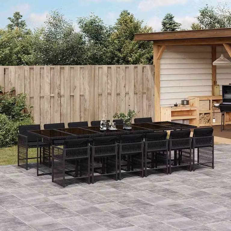 Set da pranzo da giardino vidaXL in polyrattan nero con cuscini e tavolo in vetro da 13 pezzi
