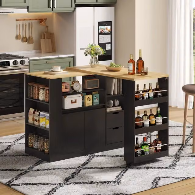 Isola cucina estraibile - Zephmum- 115 cm- con ripiani, cassetti e bar caff¨¨