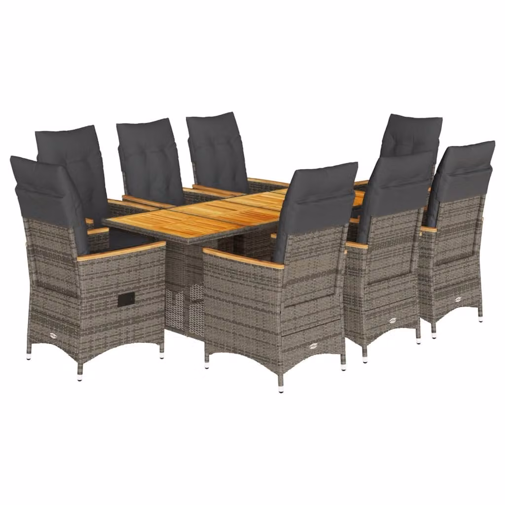 Set da Pranzo da Giardino 9 pz con Cuscini in Polyrattan Grigio
