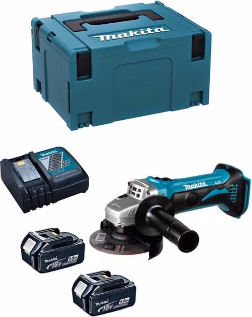 Mini-Smerigliatrice Makita DGA452RTJ con 2 batterie da 5,0 Ah, caricabatterie DC18RC e sistema di trasporto Makpac 3