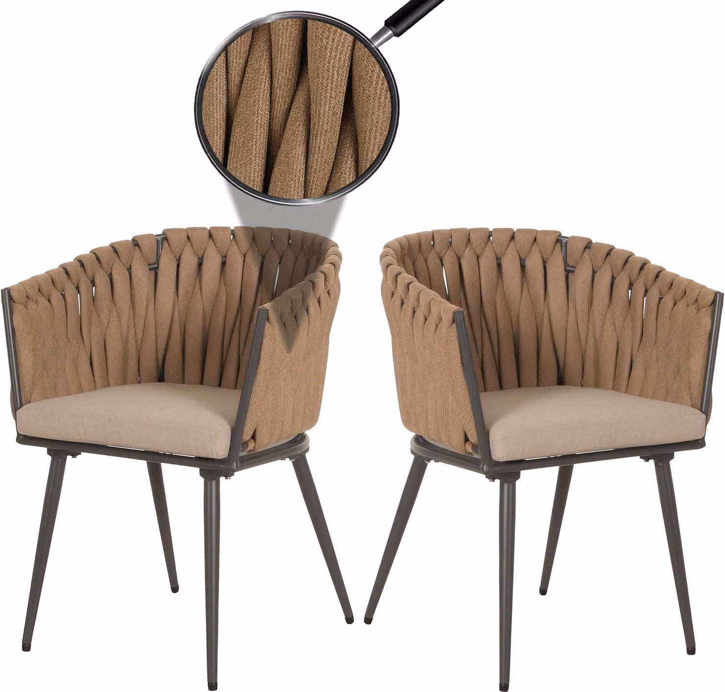 set di 2 sedie da pranzo in alluminio HWC-N38, braccioli per sedie da interno, intreccio in corda di olefina Corda ~ cuscino beige marrone chiaro