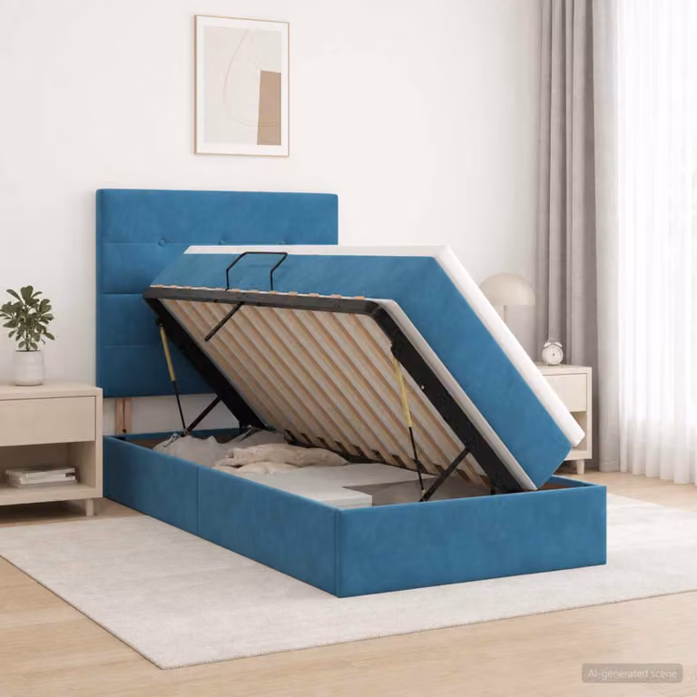 Letto con contenitore vidaXL in velluto blu con base a sollevamento e illuminazione sottostante L: 90 cm, P: 194 cm, H: 128 cm
