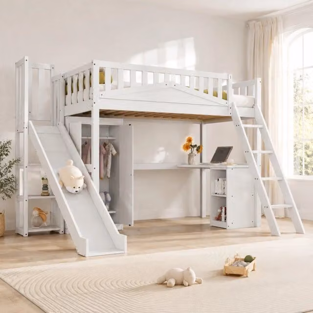 Letto a castello bianco con scivolo, scrivania e armadio 90x200 cm