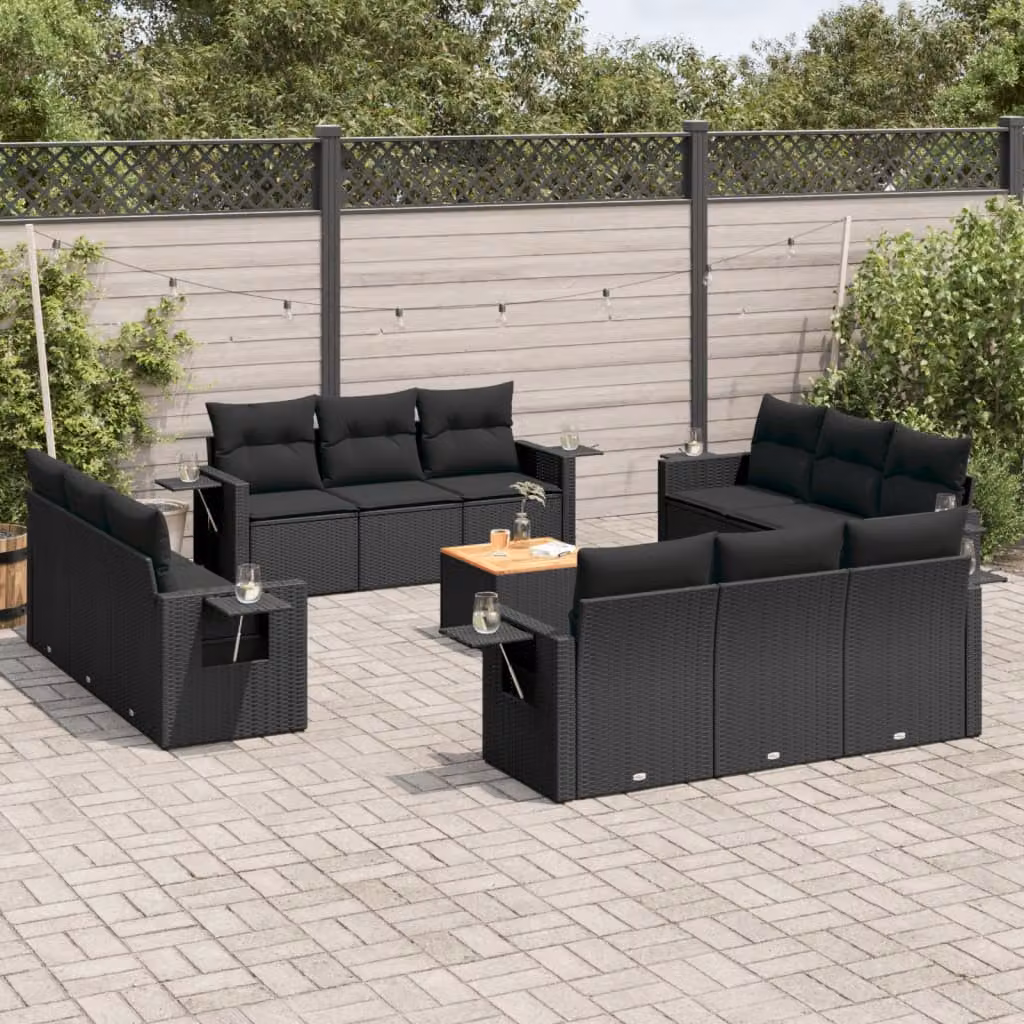 vidaXL Set Divani da Giardino 13pz a Forma a U in Polyrattan Nero con Cuscini e Tavolino da Esterno – 1