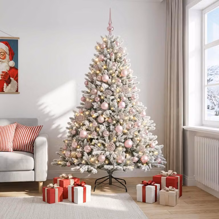 Albero di Natale artificiale con decorazioni a forma di sfera natalizia, altezza 210 cm, 300 luci LED