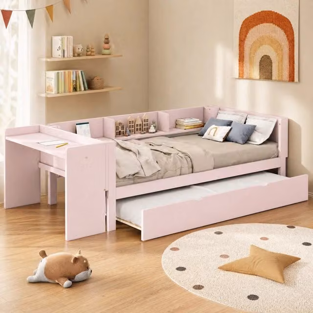 Letto a castello REDOM per bambini con letto estraibile, scrivania e 3 ripiani, Rosa, L/P/H: 200 x 90 x 112 cm