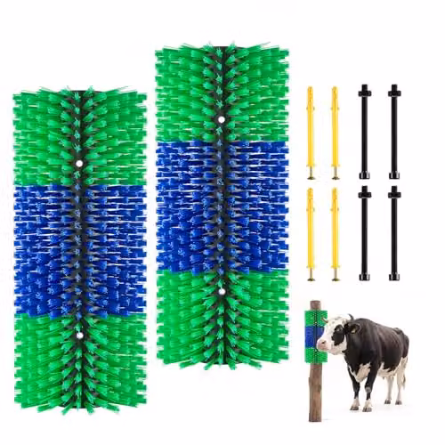 VEVOR Spazzola per Bestiame 2 Pezzi da Stalla, Rullo Gratta Animali con 8 Viti 430 x 190 mm, Verde e Blu, per Alleviamento Prurito Massaggio Toelettatura per Equini Bovini Capre Vitelli Ovini Maiali