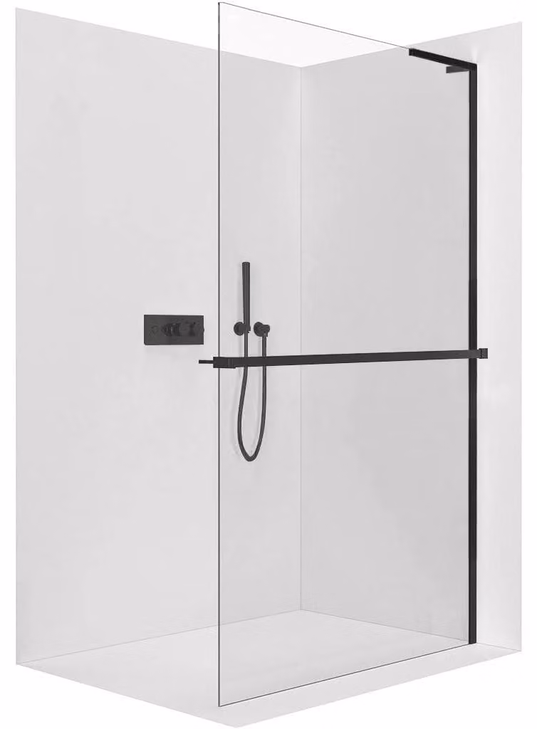 CERANO - Box doccia Walk-in Onyx con montante a L a destra - 10 mm + mensola/portasciugamani - nero opaco, vetro trasparente - 110x200 cm