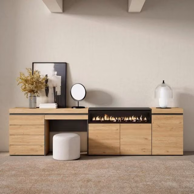 Credenza, 277x35x75cm, Camera da letto, Camino elettrico, Cassettiera, Tavolo da toeletta, colore Rovere RF3413