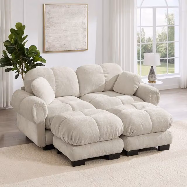 Divano modulare in chenille con pouf mobile 190x149x90 cm; trapuntato; light khaki