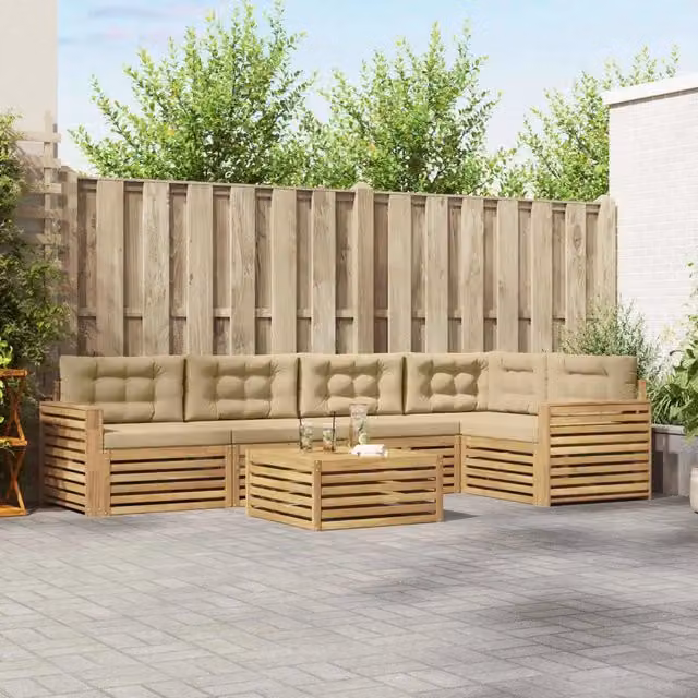 Set di divani da esterno a L vidaXL in legno di acacia con tavolo da caffè, colore bianco e beige – 1