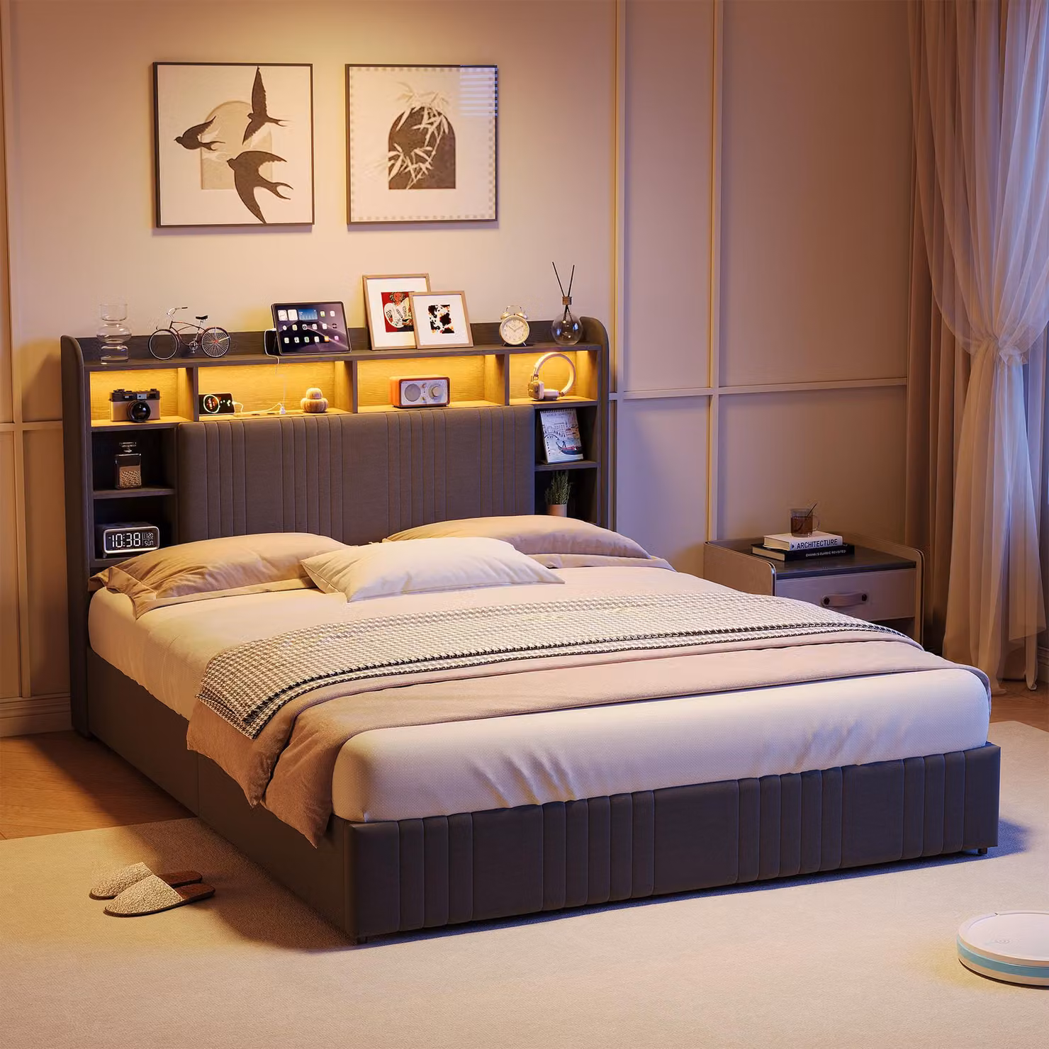 UnboxG Letto imbottito 160x200 cm grigio con 4 cassetti, letto con contenitore, testiera con mensola, illuminazione a LED e funzione di ricarica USB, letto matrimoniale con struttura in tessuto di lino
