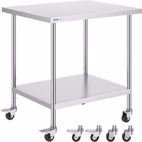 Tavolo da lavoro in acciaio inossidabile VEVOR per preparazione alimenti con 4 ruote e 3 livelli di altezza regolabili, Argento, L/P/H: 76,2 x 45,7 x 95,46 cm