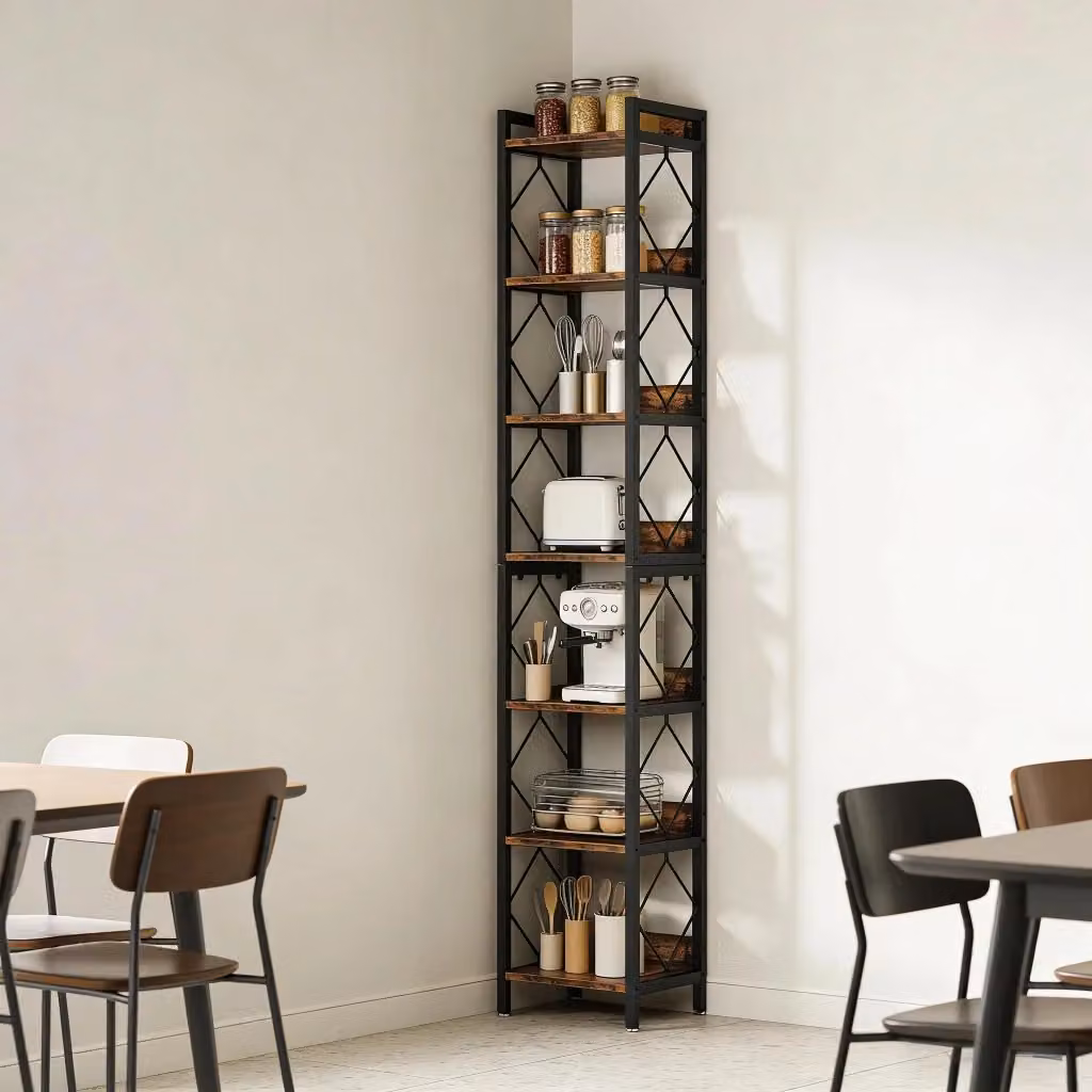 Libreria Angolare REDOM con 7 Ripiani in Metallo e Legno, Stile Rustico Geometrico, Nero/Marrone, L/P/H: 34 x 34 x 200 cm – 2