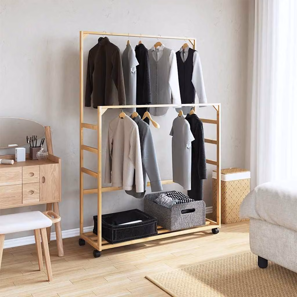 vidaXL Appendiabiti con Ripiani e Ruote 90x35x155 cm in Bambù