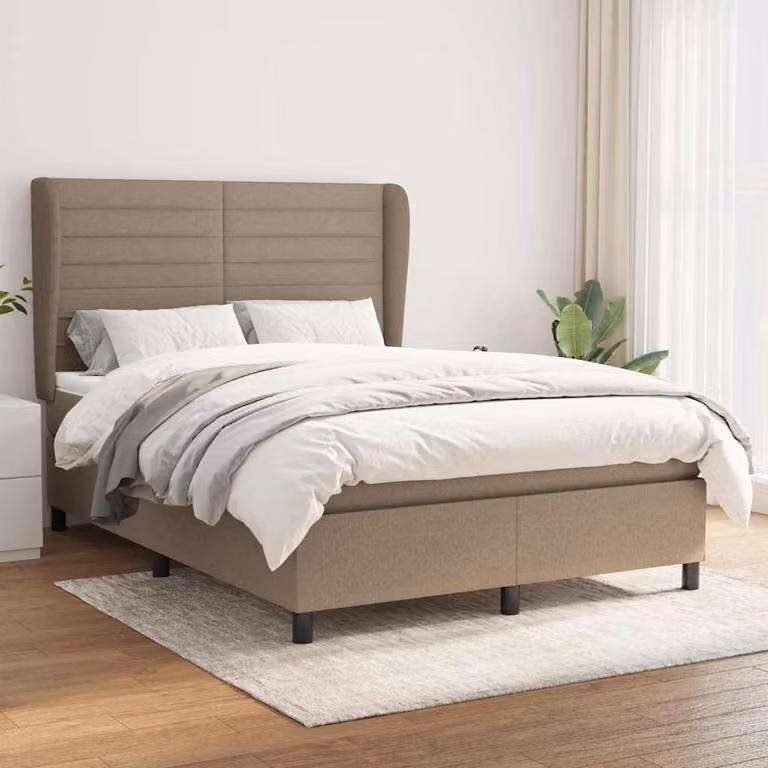 vidaXL Giroletto a Molle con Materasso in Tessuto Beige e Bianco L/P/H: 140 x 190 x 128 cm
