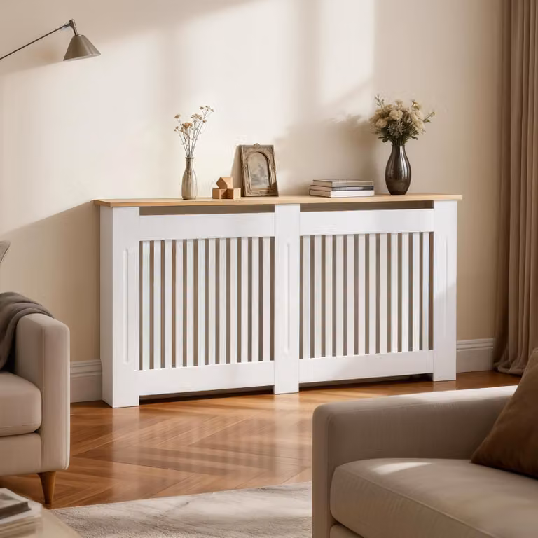 Copertura in legno per termosifoni con lamelle verticali, dimensioni 152 x 20 x 83 cm