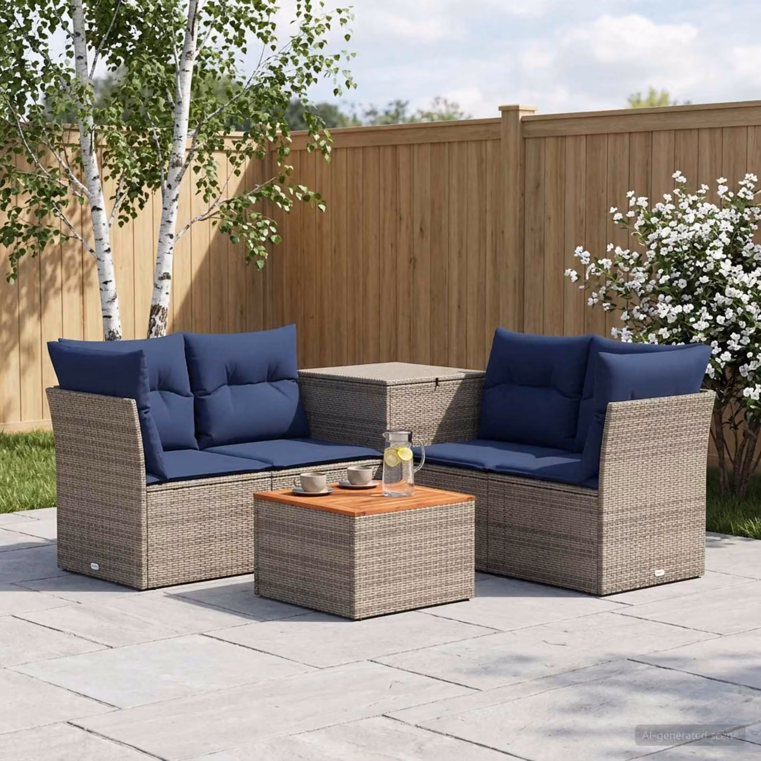 vidaXL Set di divani da giardino 6 pz in rattan sintetico e metallo, colore grigio e blu con cuscini inclusi