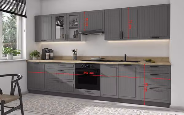 Mobile cucina LIVORNO con piano di lavoro 340x60cm ad estrazione parziale bianco-lava frontali laccato opaco telegrigio